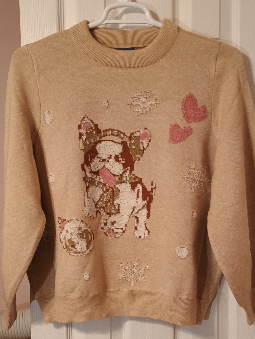 NWT Democracy Holiday Dog Jacquard Pullover Sweater Beige Frenchie 1X